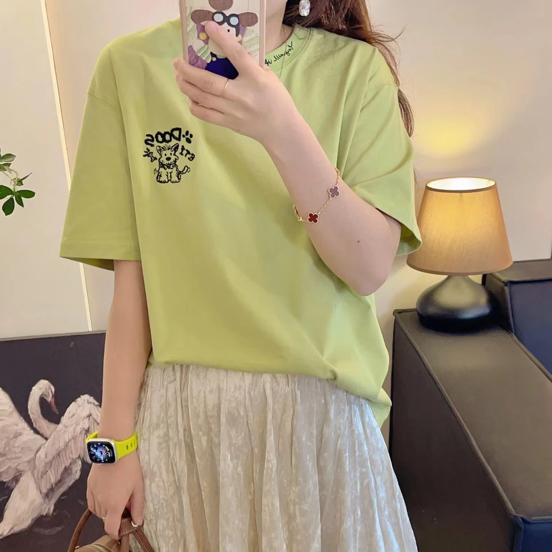 纸袋家夏季「小白狗刺绣简约色彩美学大师短袖」3693纯棉舒适T恤