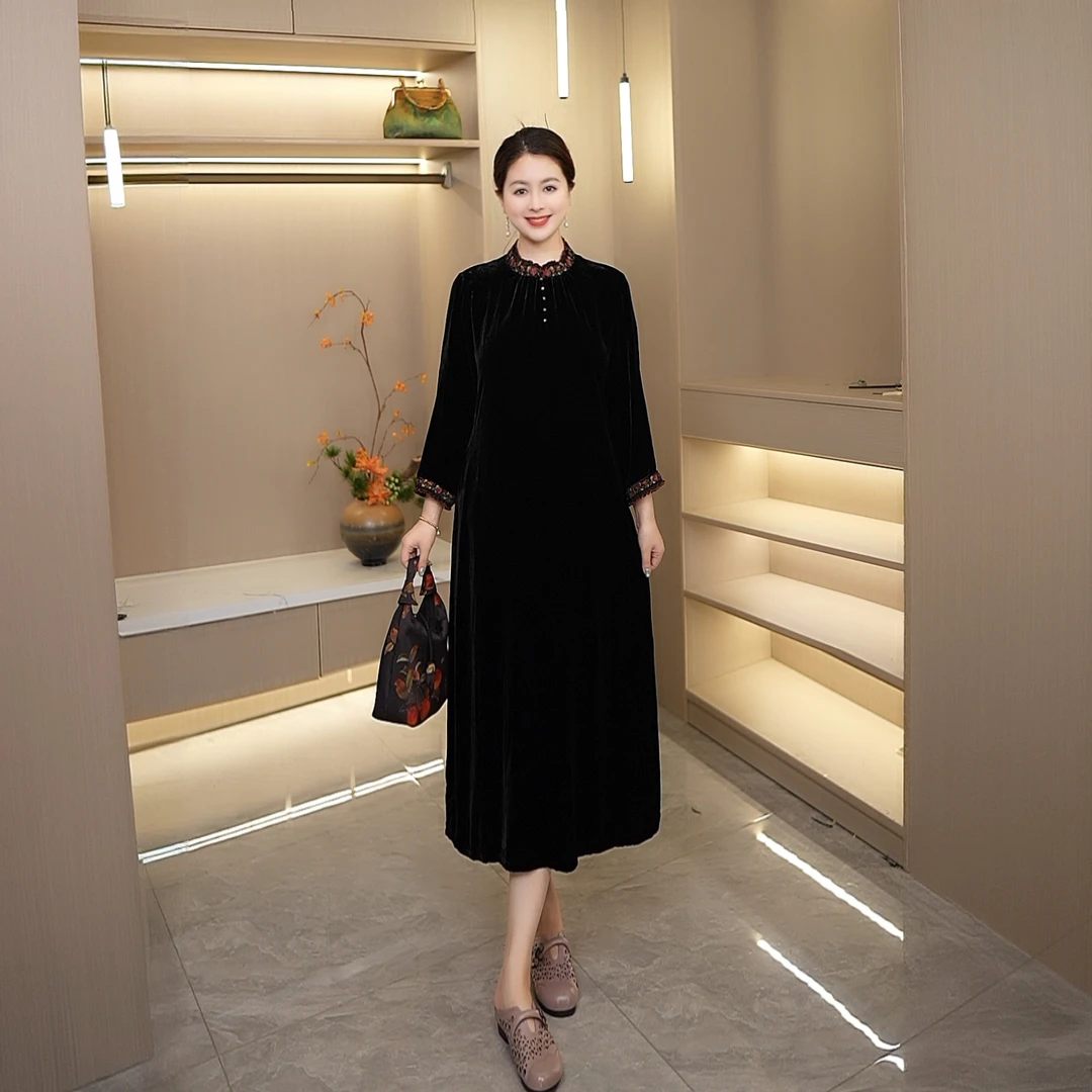 丝绒裙春秋冬款新中式新款百搭不褪色连衣裙女中长款休闲女旗袍裙