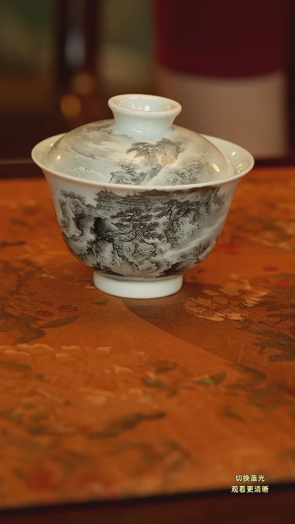 手绘墨彩海桥春华岩茶盖碗