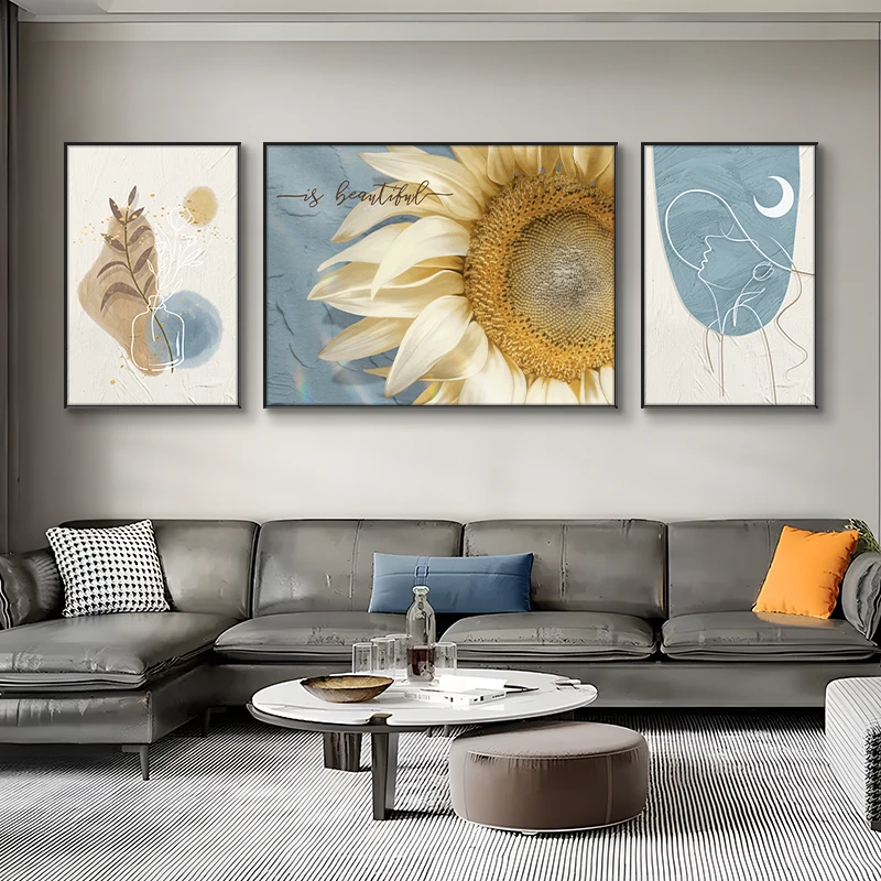 奶油风轻奢客厅沙发背景墙装饰画简约艺术清新向日葵三联画