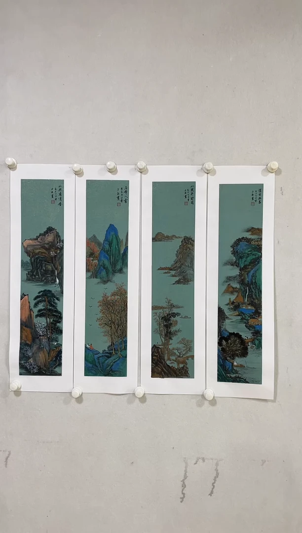 国画Y-王瑞忠老师绘画作品-四条屏4平尺山水（带荣宝斋宁波证书）