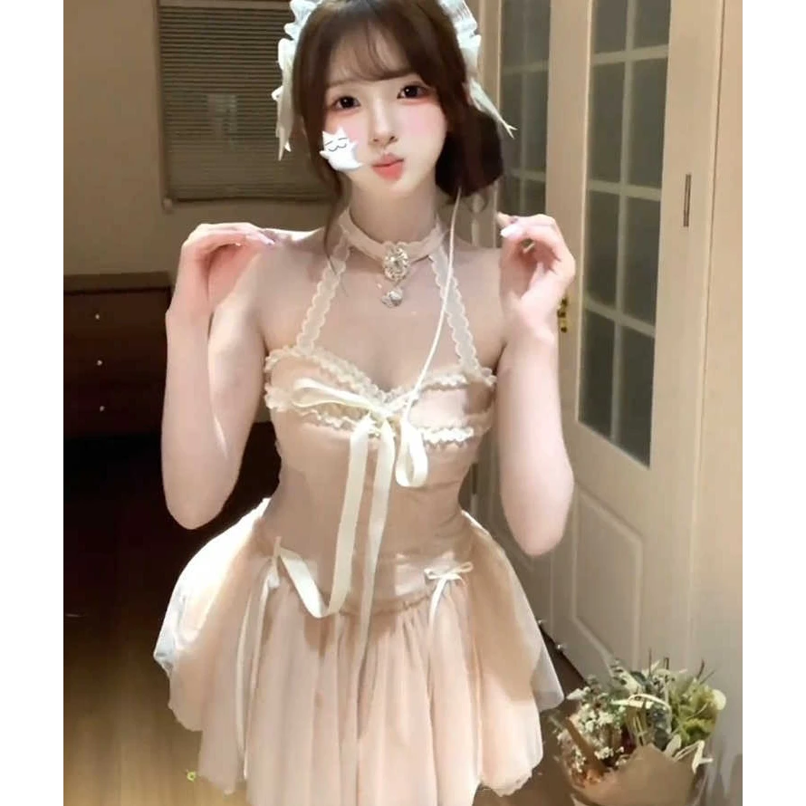 K7684微胖设计感蕾丝修身挂脖连衣裙女纯欲蝴蝶结气质收腰公主裙