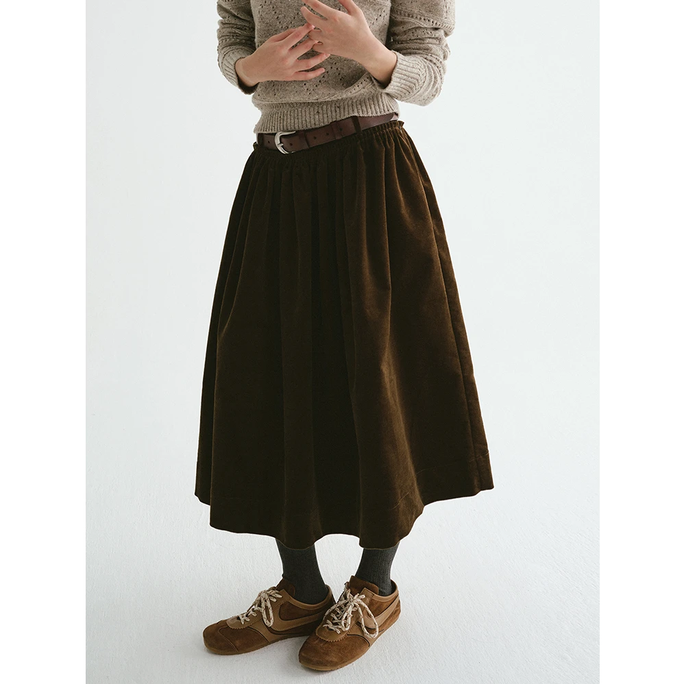 设计感手工捏褶灯芯绒蓬蓬裙女秋冬新款时尚高腰遮胯显瘦中长裙