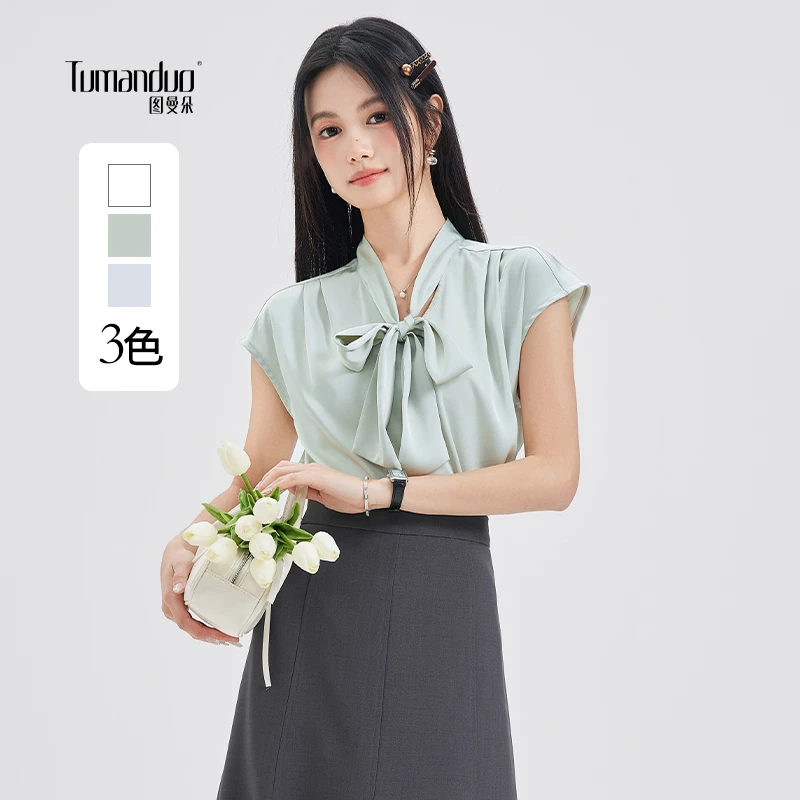 图曼朵夏季缎面短袖衬衫领带设计感小众高级气质法式上衣女装衬衣