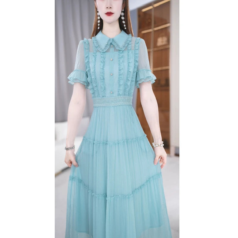 美瑞【连衣裙】夏季娃娃领纯色轻薄透气舒适中长款连衣裙M-4XL