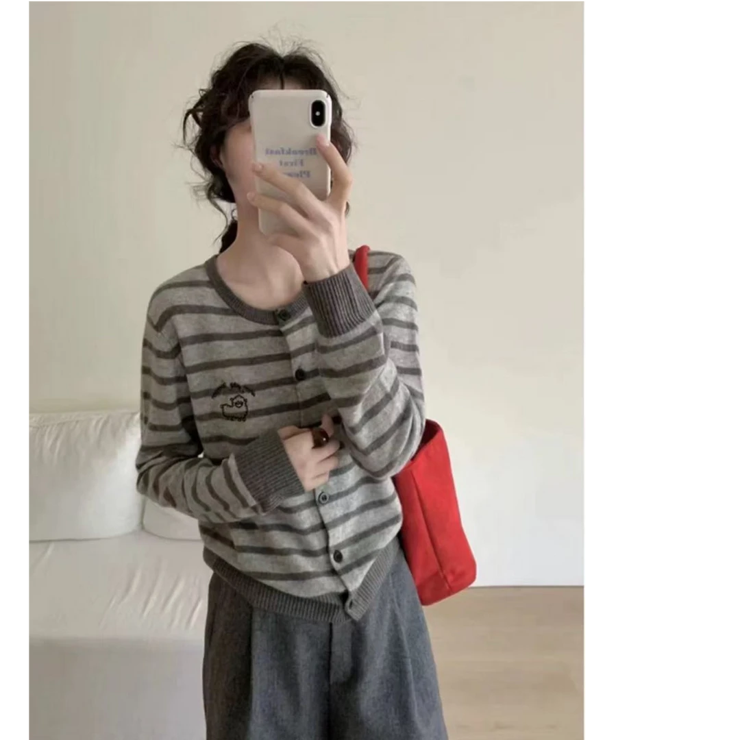高级灰~I秋季小羊提花条纹宽松开衫蓬松软糯毛衣圆领针织衫