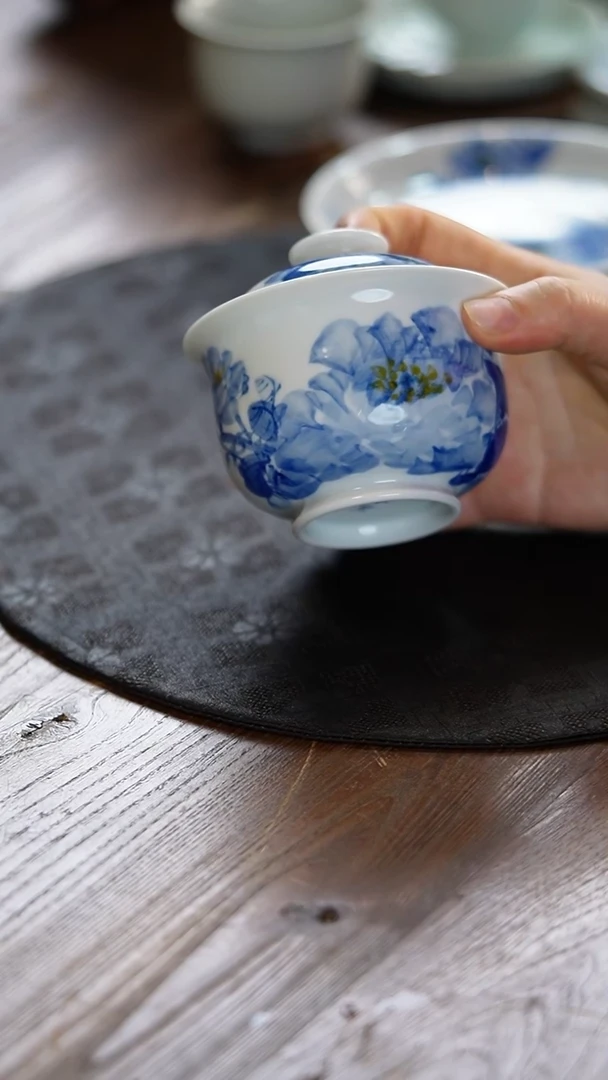瓷景德镇纯手工纯手绘青花牡丹盖碗