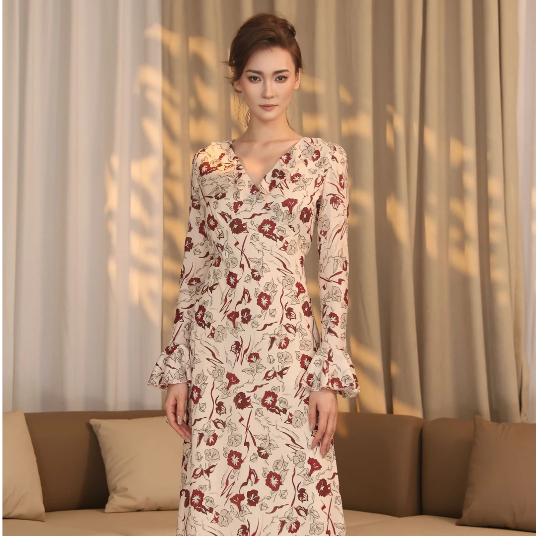 「莓红碎花」法式轻奢感冷淡风气质名媛一片式设计碎花连衣裙