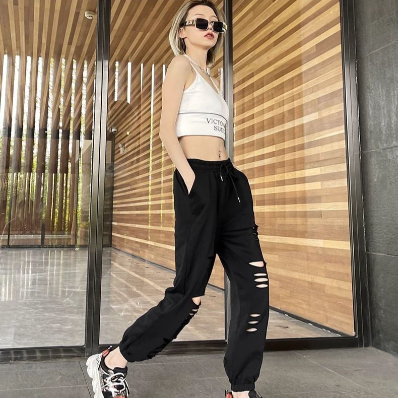 灰色破洞运动裤女春秋高腰显瘦小个子时尚薄款休闲束脚哈伦卫裤子