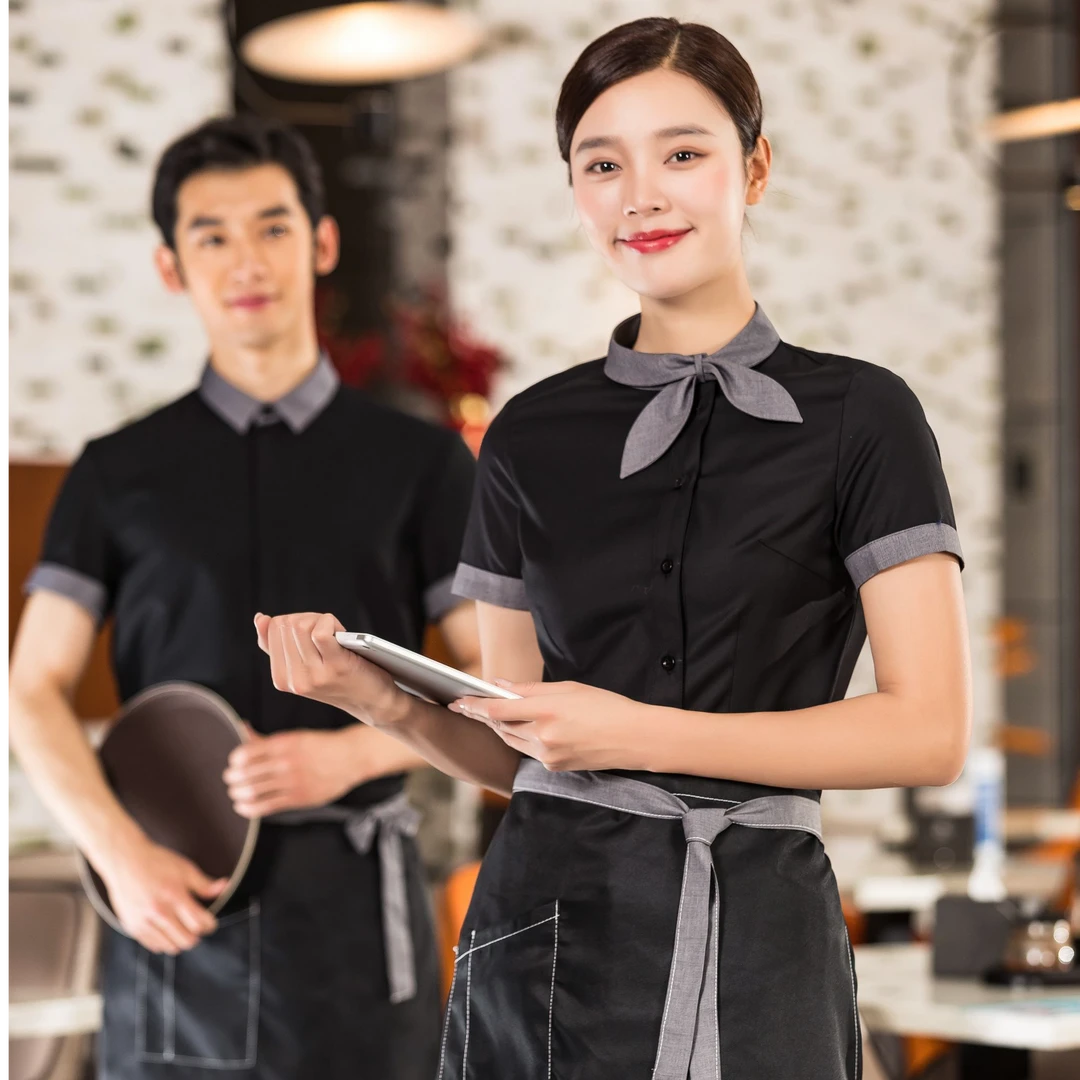 定制酒店服务员衬衣短袖饭店餐厅吧台KTV餐饮工作服衬衫套装女棉