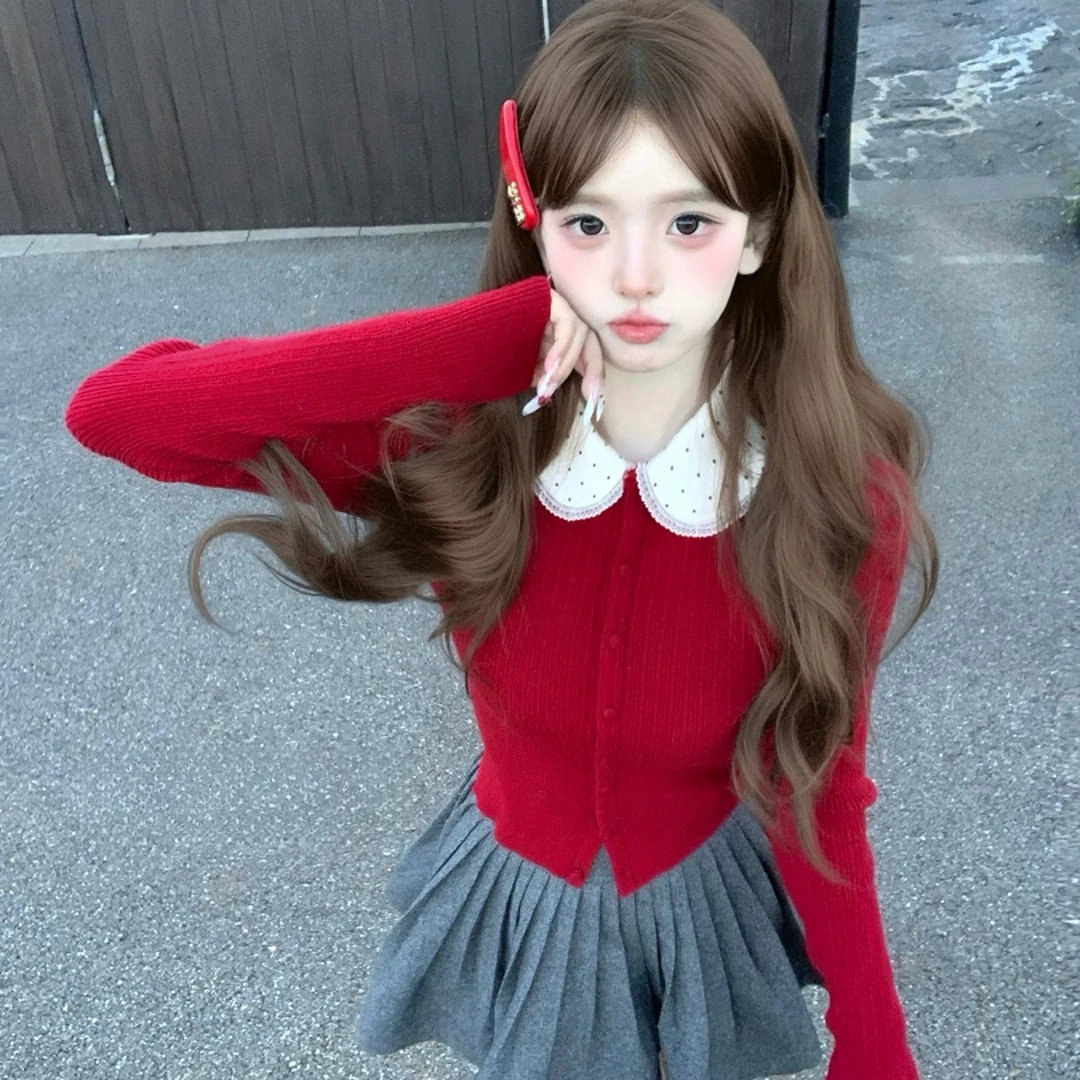 新年红色娃娃领针织开衫女冬季修身毛衣内搭衫甜美小个子长袖上衣