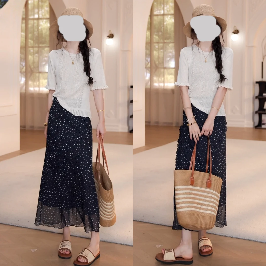 2025夏季新款两件套镂空针织衫波点半身裙长裙套装女时尚气质