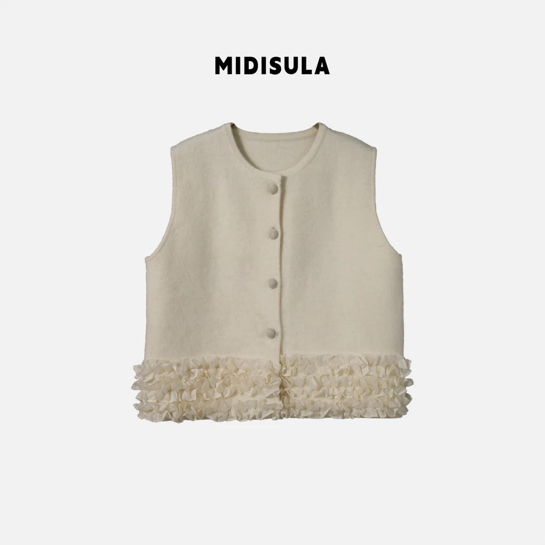 【H.MDSL】手工木耳花边刺绣圆领马甲单排扣无袖背心外套#2113