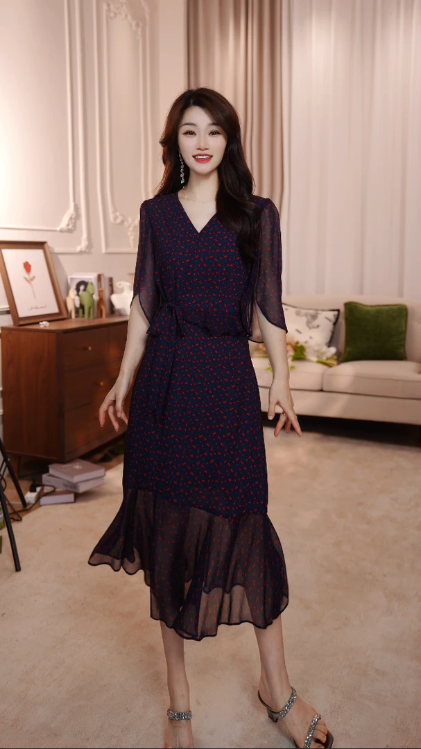 【柔情密语】25年时尚名媛风优雅气质收腰高端中长款连衣裙