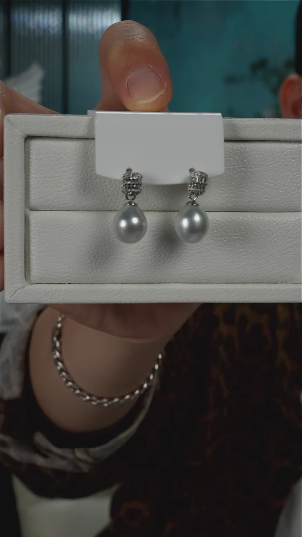 银S925镶嵌耳坠海水珍珠澳白方糖9-11mm