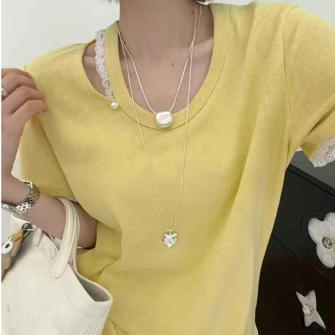 【YANZIJIA】小众甜辣珍珠镂空蕾丝短袖T恤（以直播间实物为准）