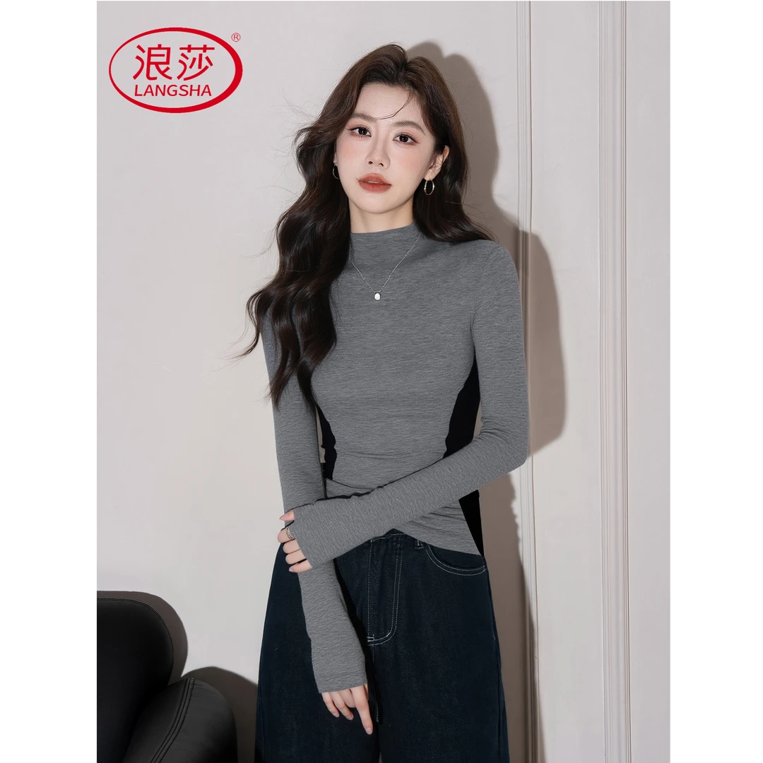 浪莎浪莎灰色半高领打底衫女秋冬内搭长袖2025年新款拼色收腰针织
