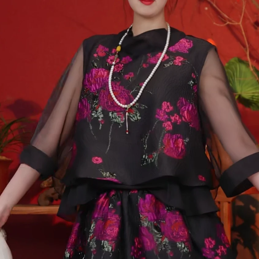 【焕夏墨晨】S2111玫紫色拼接黑色刺绣短款上衣