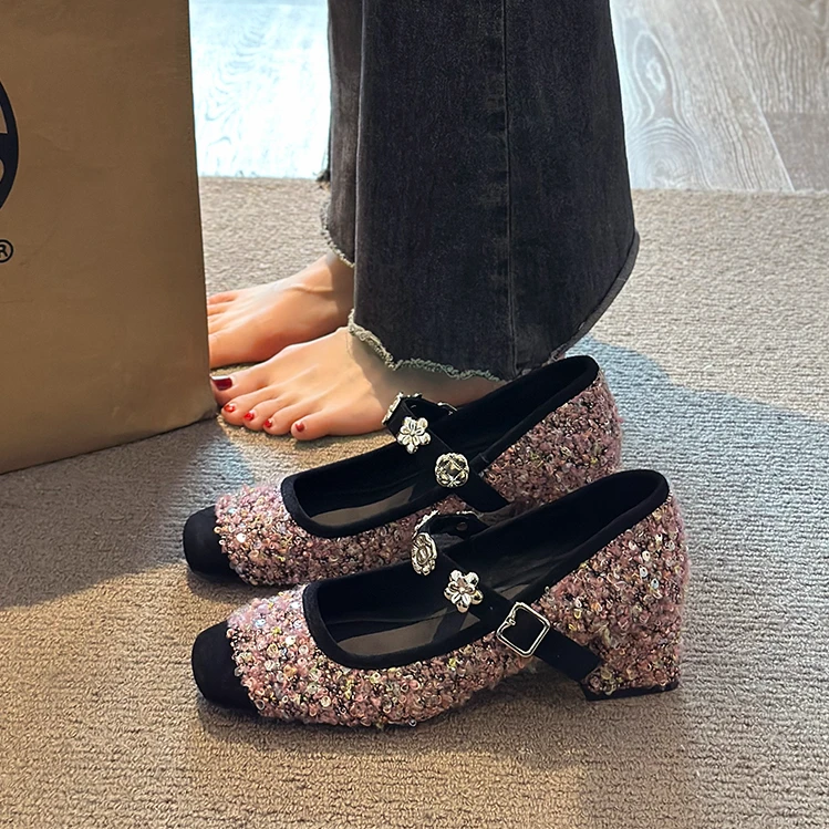 粗跟法式玛丽珍鞋女鞋子2025年春秋新款浅口一字带配裙子中跟单鞋