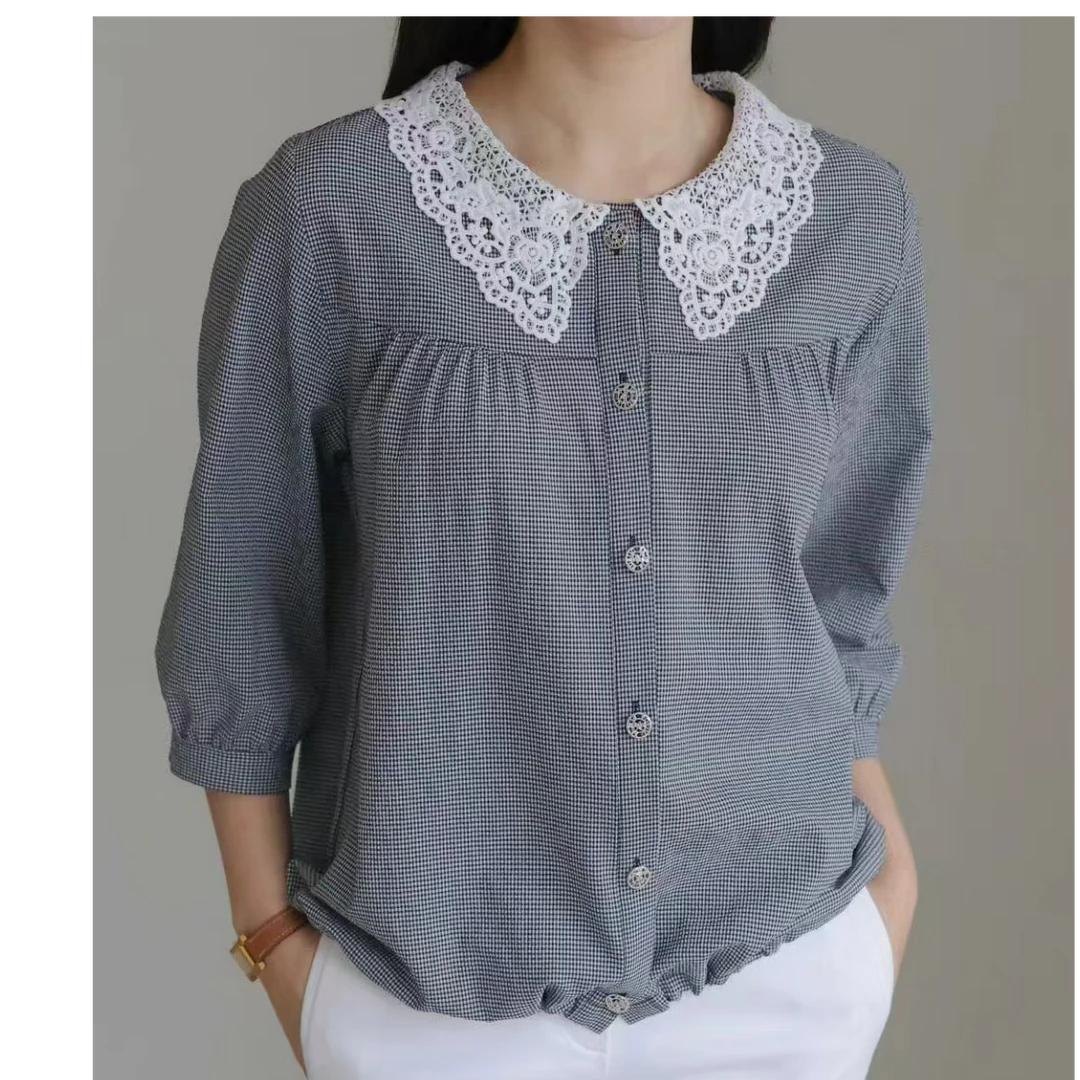 韩国2025新品娃娃领格子衬衫时尚百搭休闲