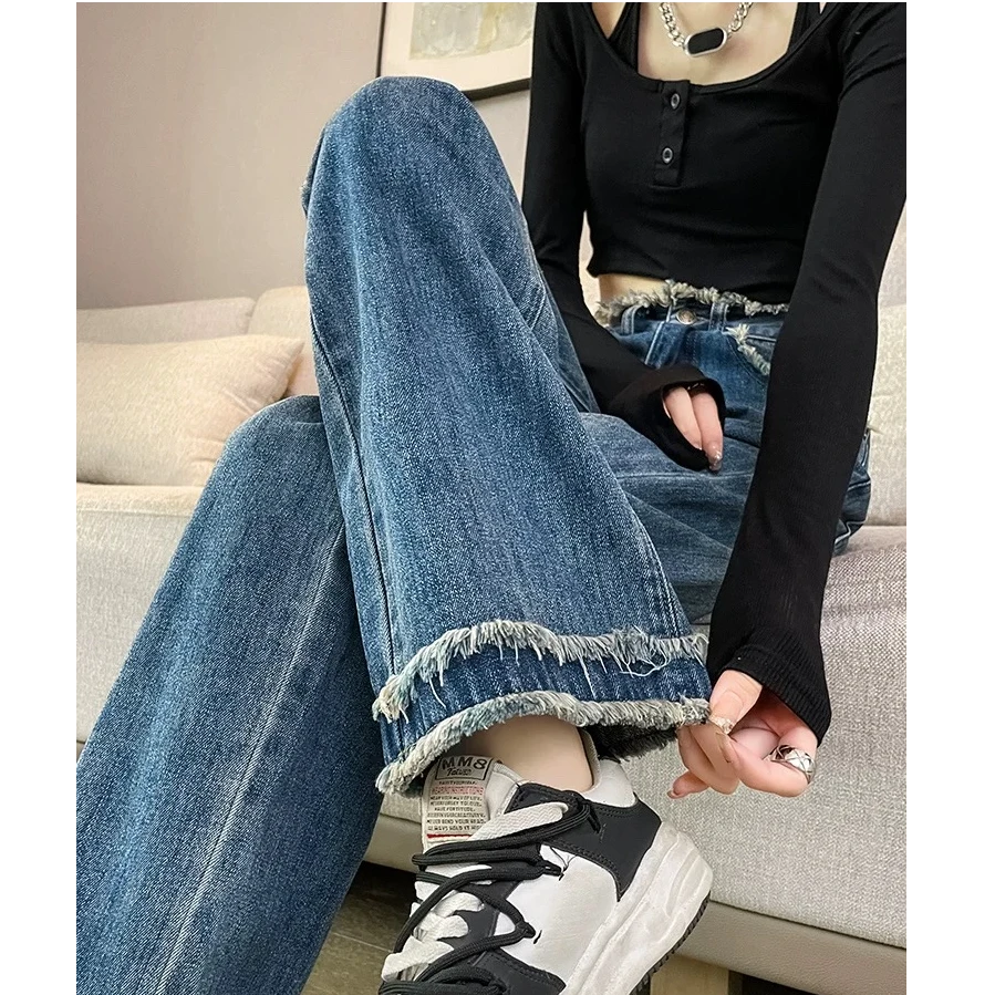 默认瑕疵牛仔裤女显瘦时尚休闲百搭秋季复古宽松加绒阔腿老爹弯刀