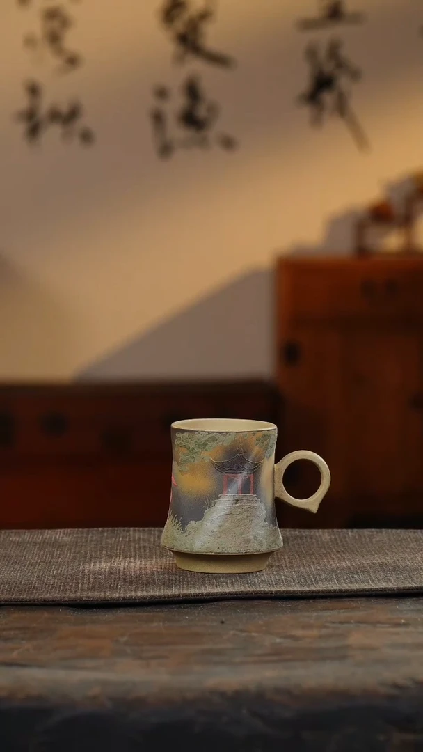 芝麻段泥绘紫砂手把杯34324323