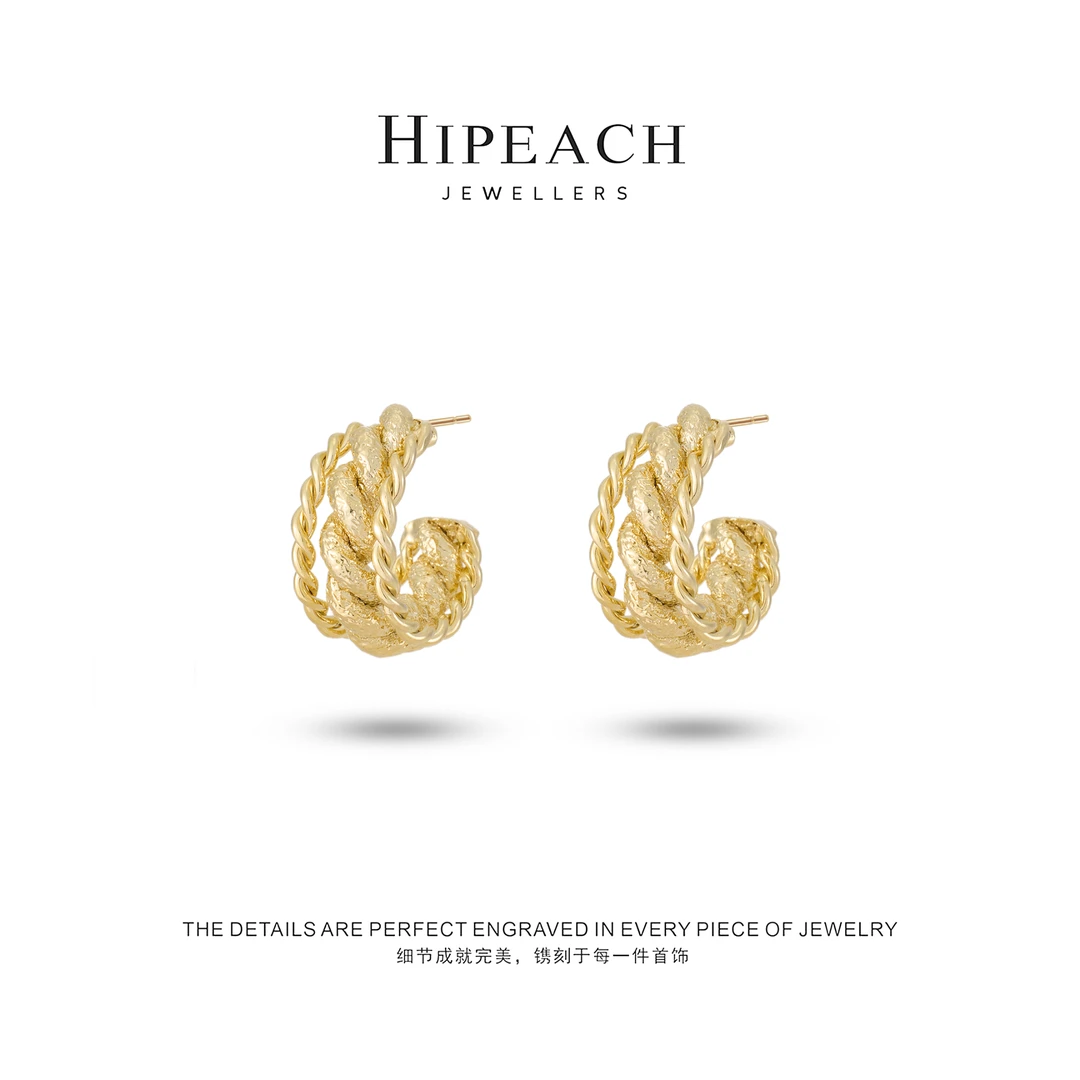 铜合金耳饰 镀K金天天波尔多麻花耳圈HTMW0019