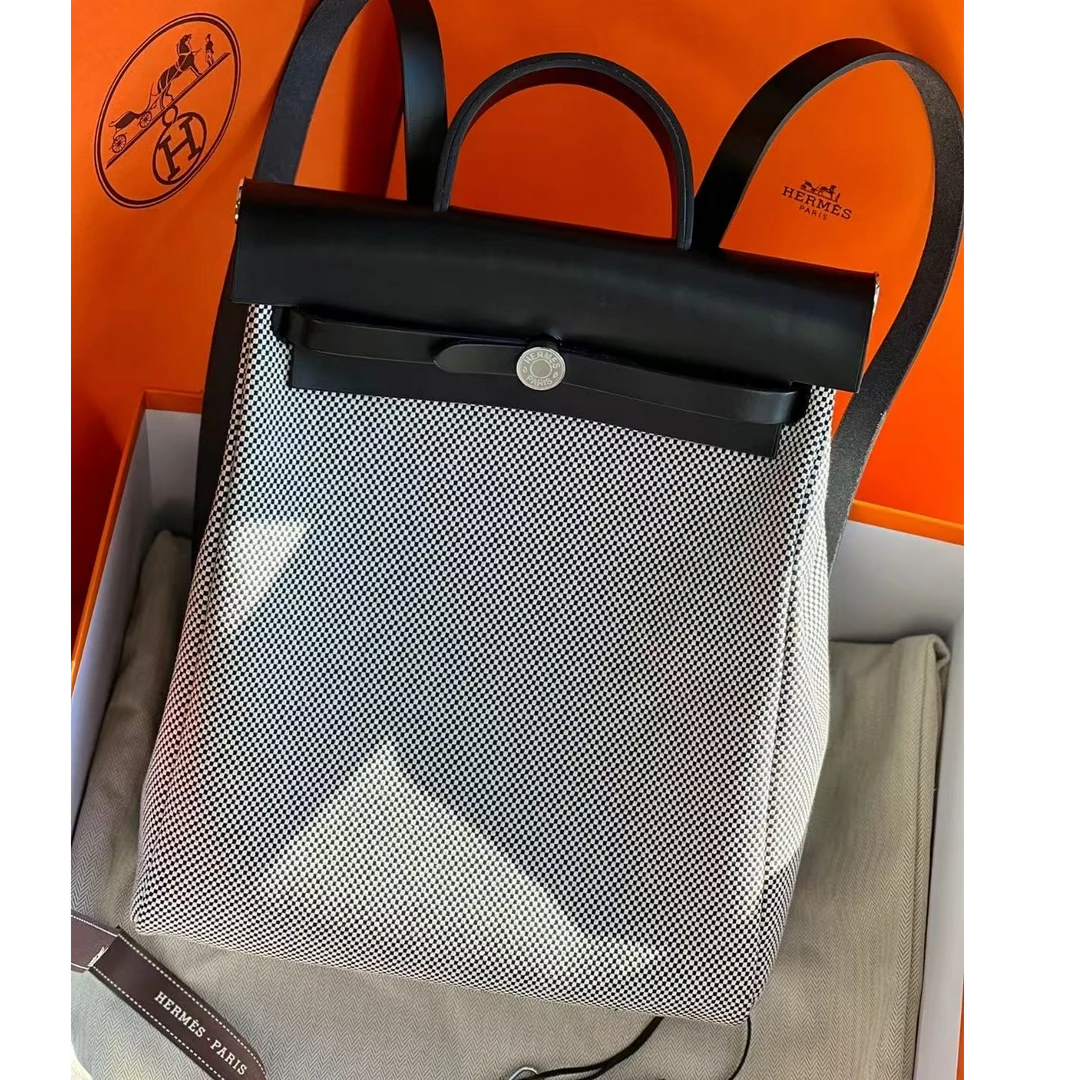 99新 Hermes/爱马仕 herbag31 深海蓝 皮拼帆布双肩包  Z刻