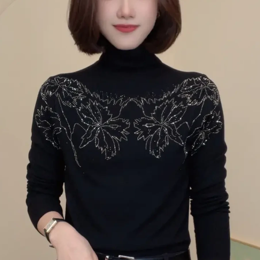 新款半高领纯色气质花朵烫钻百搭气质时尚减龄小衫显瘦长袖打底衫