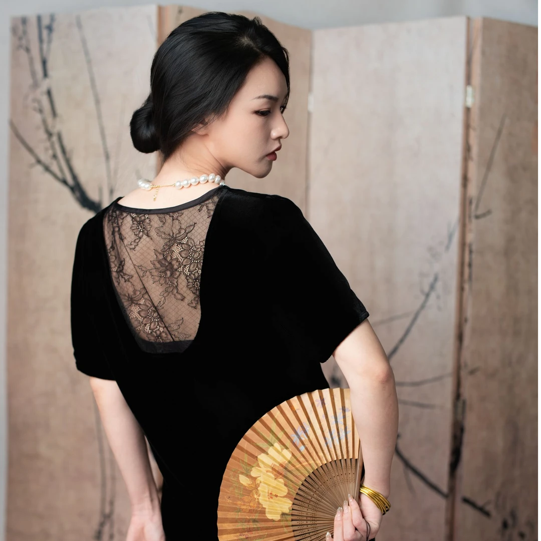 CHEN HENG 真丝丝绒桑蚕丝蕾丝奥黛上衣