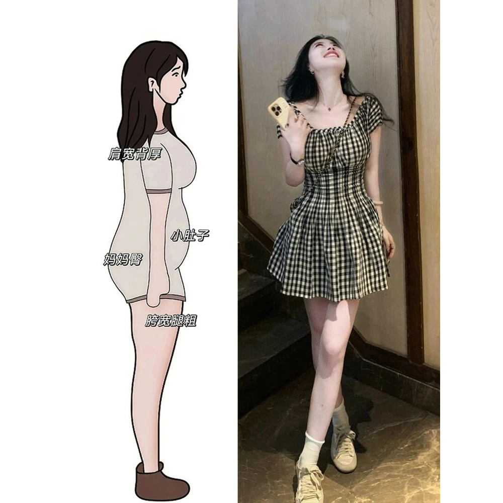 夏季新款法式格子褶皱泡泡短袖宽松显瘦辣妹连衣裙减龄洋气短裙女
