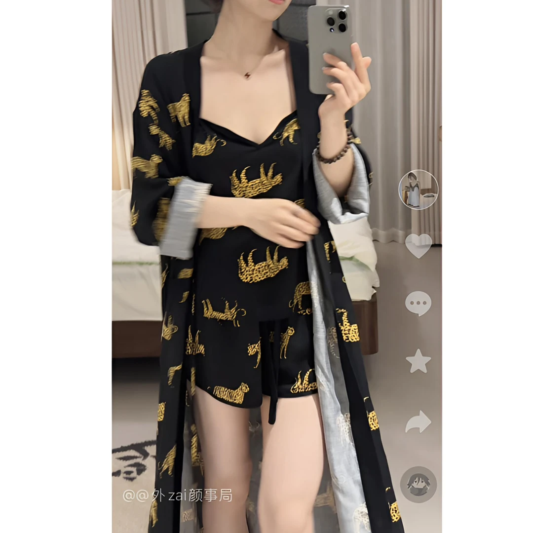 颜事局【奶豹】法式轻奢小奶豹春秋套装吊带长裤高级感家居服三件套
