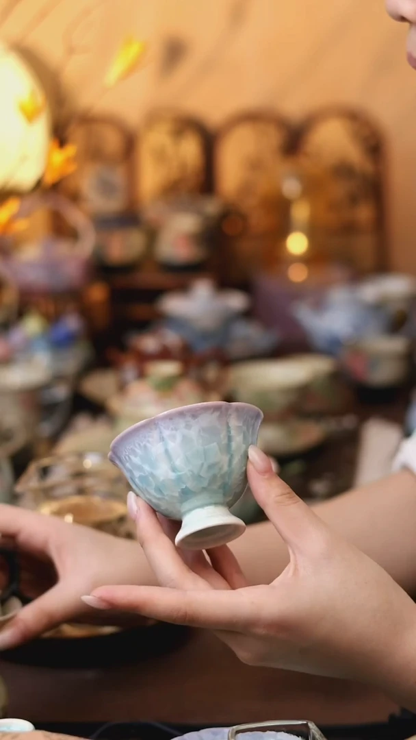 结晶釉紫青花口高足杯
