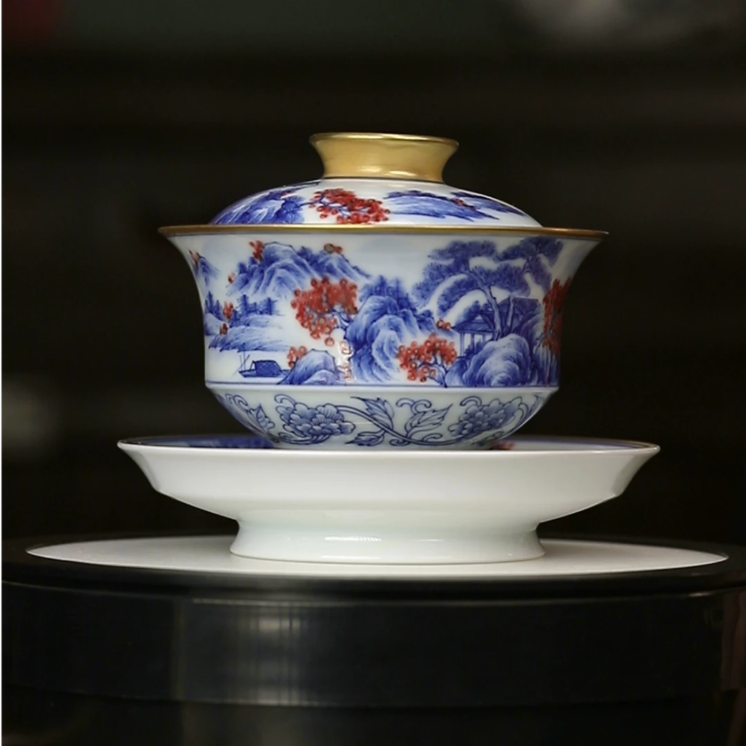 12.20/M27B/描金/青花釉里红山水三才盖碗