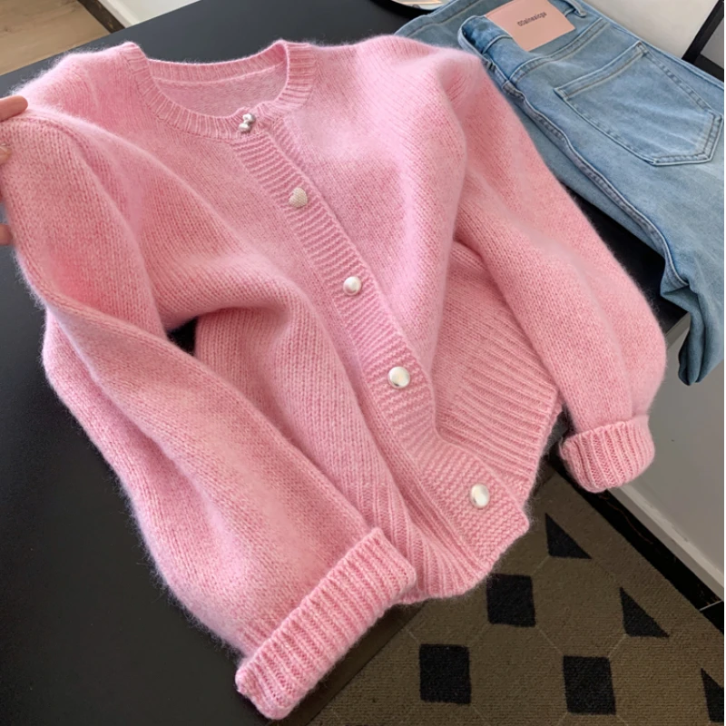 粉色长袖针织毛衣开衫外套女上衣2025新款慵懒风宽松韩系早秋穿搭