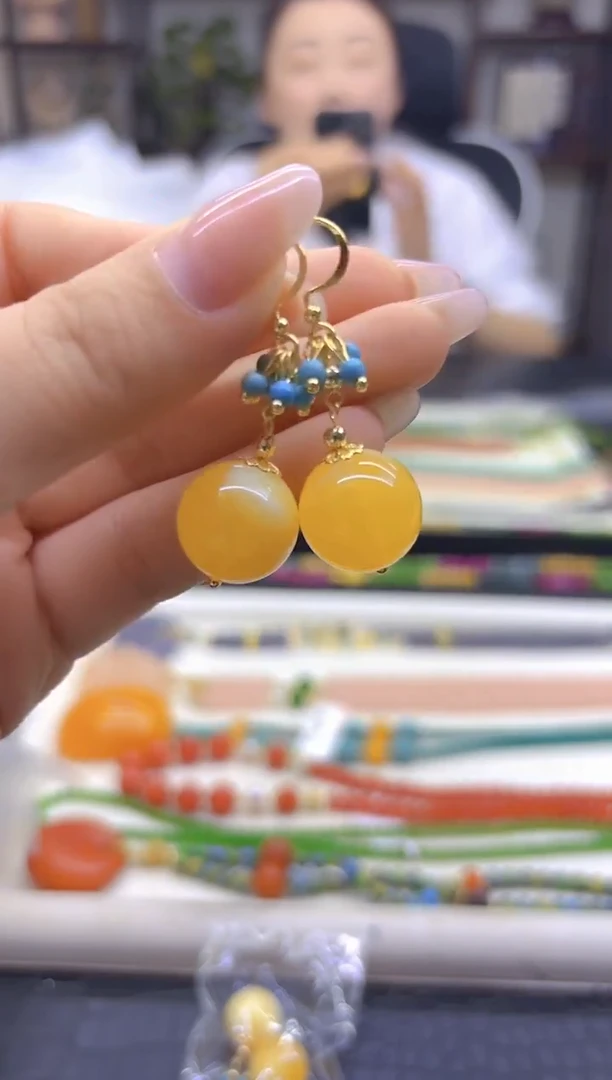 蜜蜡14K金镶嵌耳饰DIY款E923