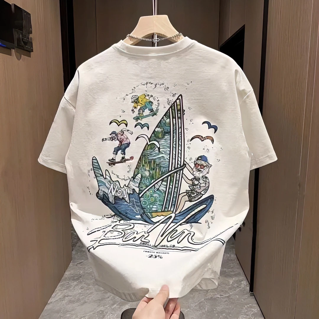 【帆船圆领印花半袖】仓石一树潮牌休闲短袖t恤男生夏季ins时尚上衣