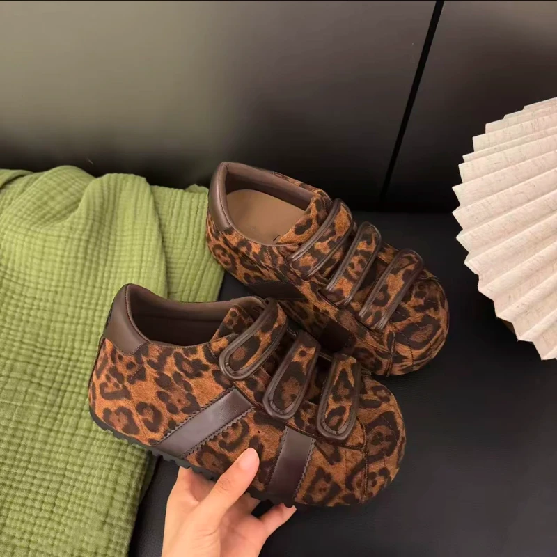 女鞋圆头魔术贴增高韩版拼色秋季复古百搭时尚休闲鞋棕色小众厚底