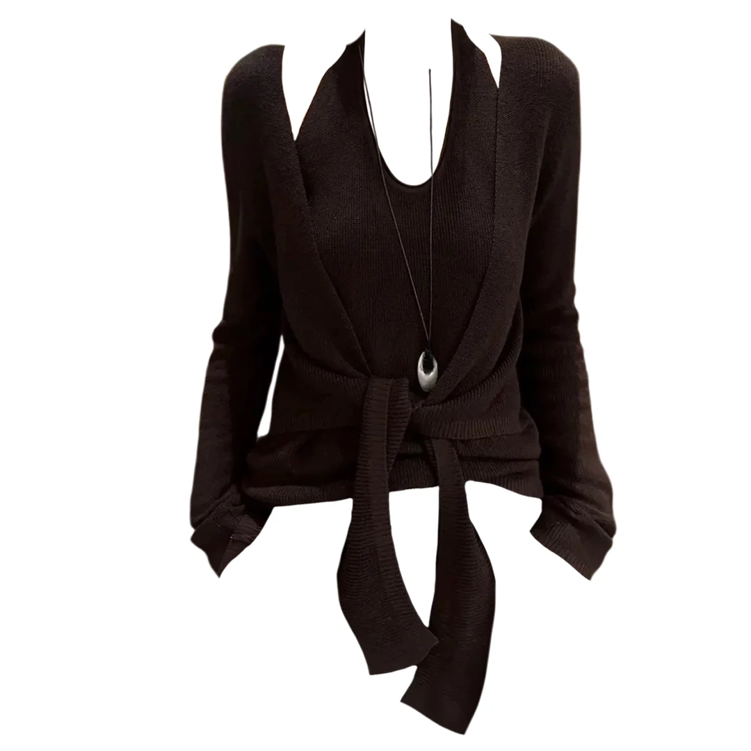 大码胖MM纯欲风性感挂脖V领长袖T恤女早秋季小众设计感别致打底衫