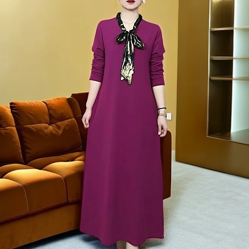 春季飘带领中长款连衣裙时尚气质百搭高弹力宽松显瘦遮肚洋气女