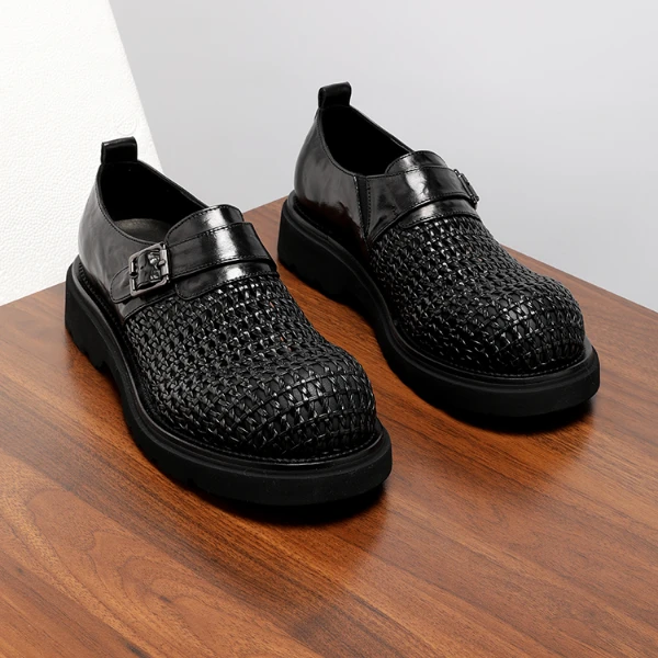【胎牛皮】镂空大头皮鞋男透气厚底编织网面商务休闲一脚蹬男鞋夏季
