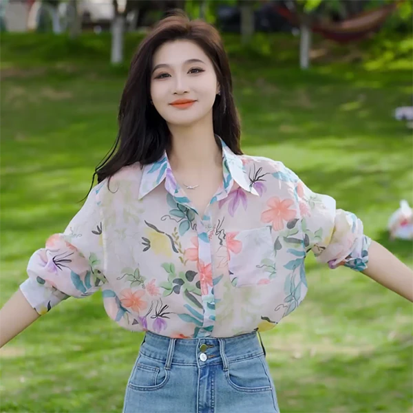 度假风衬衫女夏2025设计感印花时尚显瘦衬衣设计感衬衫长袖女2609