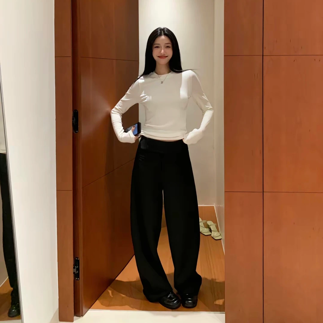 宽松高腰百搭显瘦女香蕉裤弯刀阔腿加绒卫裤秋冬阔腿裤长裤黑色
