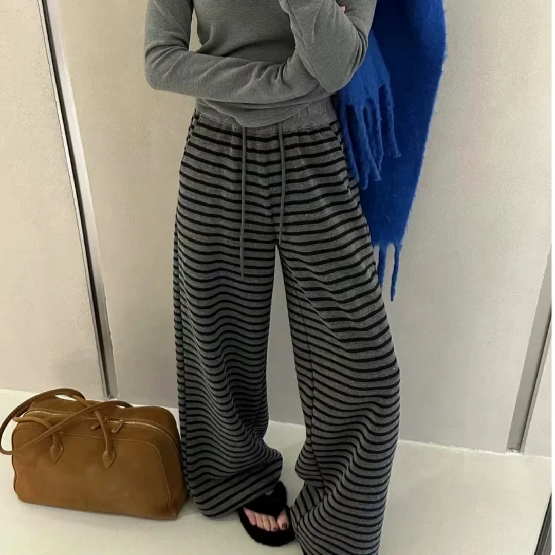 女童裤子2025新款春装休闲裤女大童直筒糯米裤时髦条纹阔腿裤春款