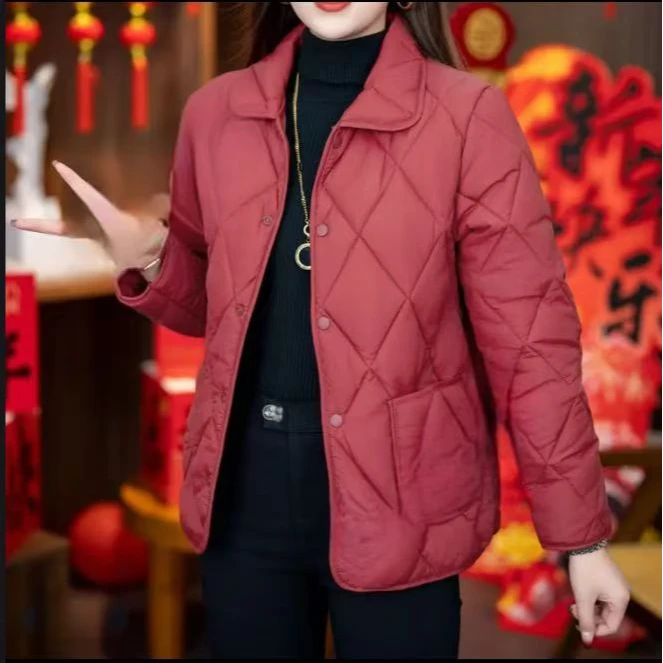 【白】时尚显瘦百搭休闲翻领轻薄棉服外套显瘦棉衣