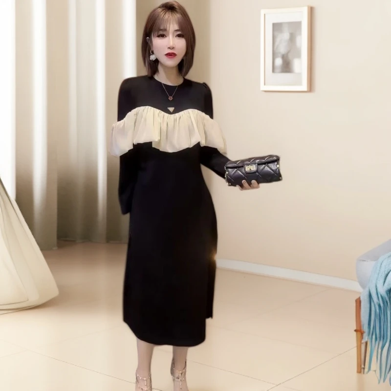 法式高级荷叶显瘦拼接2025连衣裙时尚气质秋季新款设计网红裙子