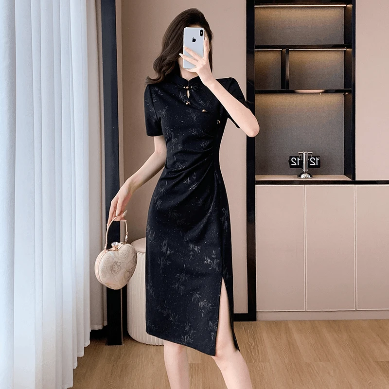 夏季新款高考毕业季改良旗袍新中式设计感盘扣细闪气质开叉连衣裙