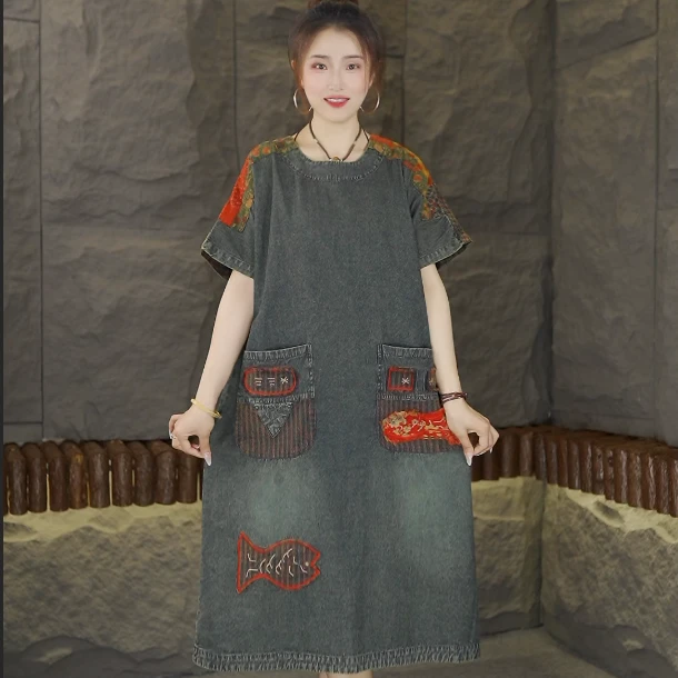 夏季文艺做旧套头短袖拼接连衣裙提花复古民族风牛仔2602