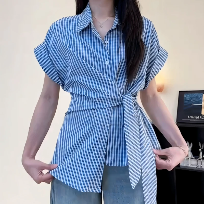 大码女装镶钻绑带掐腰蓝色格子短袖衬衫夏季新款胖mm巨显瘦小上衣