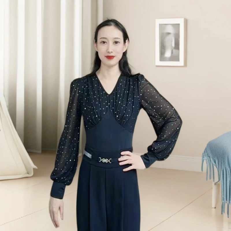 欢舞阁吉特巴摩登舞舞蹈服广场舞亮片气质V领长袖女舞衣A0751